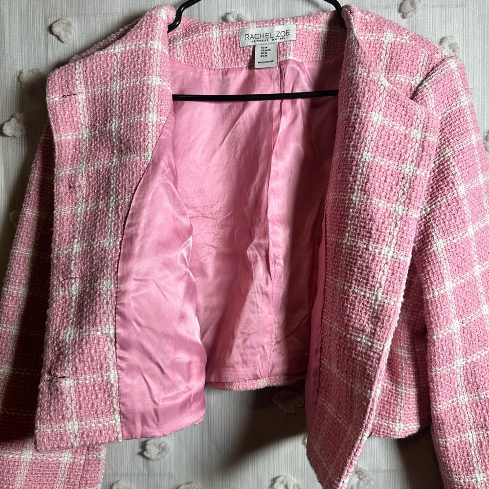Rachel Zoe Women’s Pink and White Plaid Tweed Button-Down Blazer Jacket Size M - Picture 9 of 9